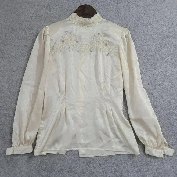 Vtg 70s Nilani Ivory Embroidered Lace Blouse Womens 8 Mock neck Chiffon 4CT - Picture 1 of 8